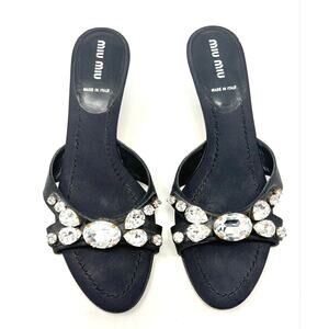 Mui Mui Crystal Black Satin Kitten Heels Mules Y2K Vintage 38.5